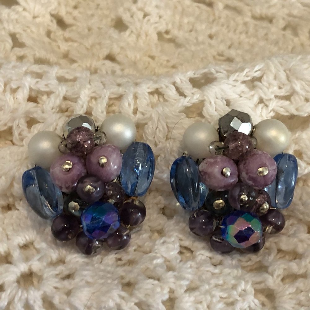Vintage Bead Cluster Clip On Earrings West Germany